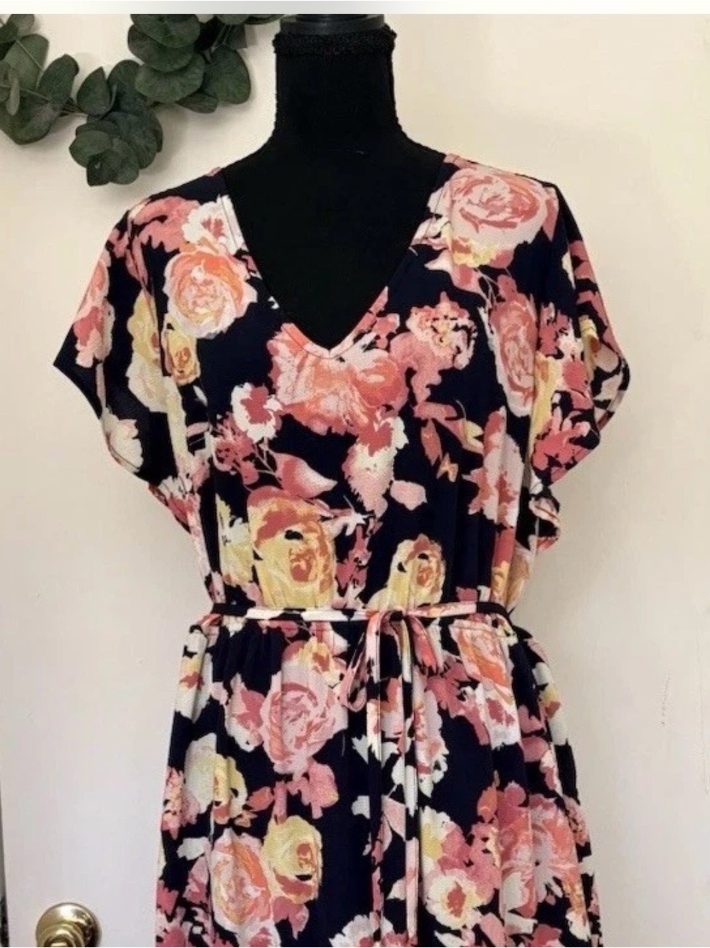 Ingrid & Isabel Navy‎ Floral Maxi Dress with Pink and Yellow Roses, NWT